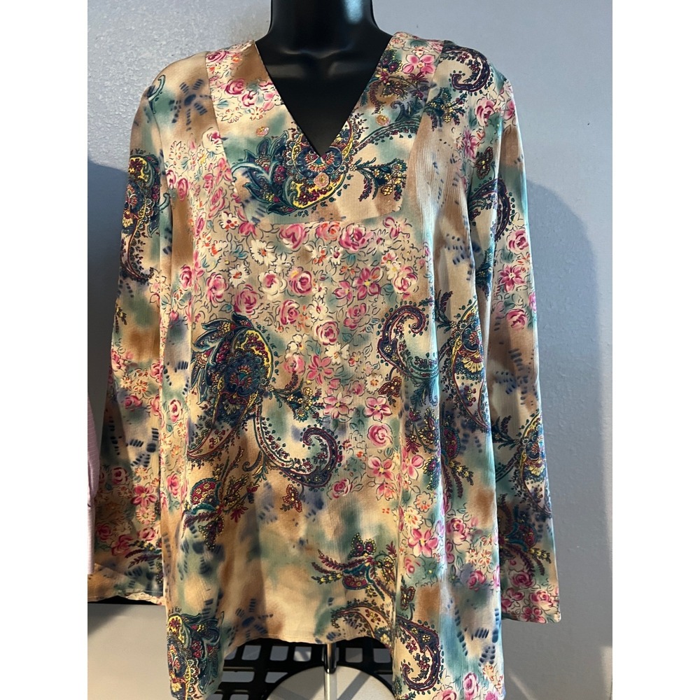 Mimi Maternity Blouse Made in USA Floral Paisley V-Neck Long Sleeve Top L